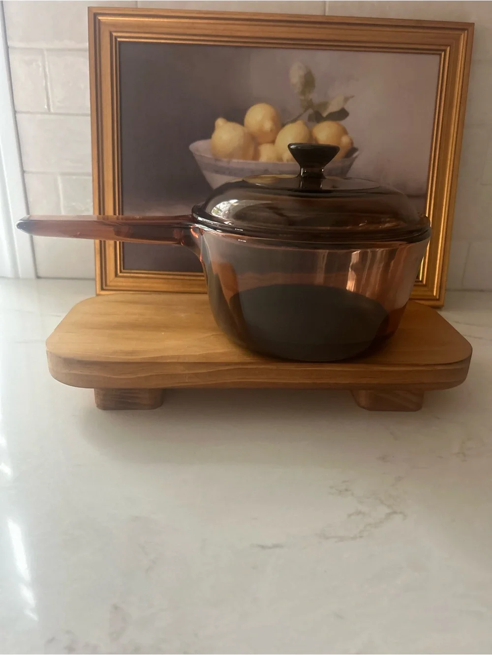 Vintage Vision Corning Amber Glass Saucepan Pot w/ Pyrex Lid Brown Cookware